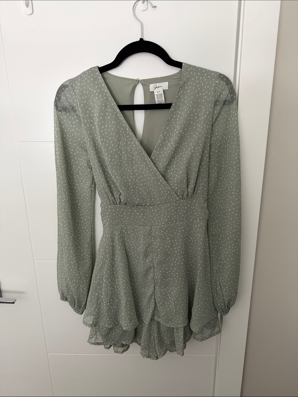 Sage Polka Dot Long-Sleeve Wrap Romper